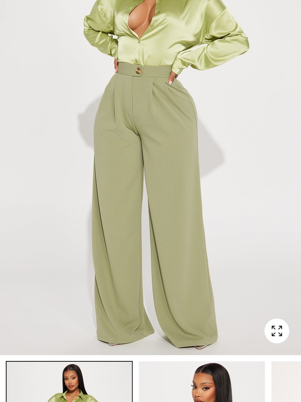 NWT Olive Sage Wide Leg High-Waist Trousers And Silk Shirt